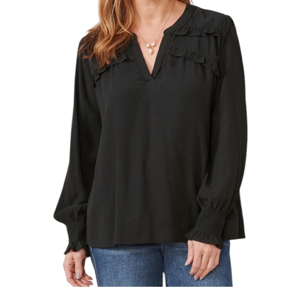 Democracy Black Long Sleeve V-Neck Double Ruffle Yoke Woven Blouse 1X